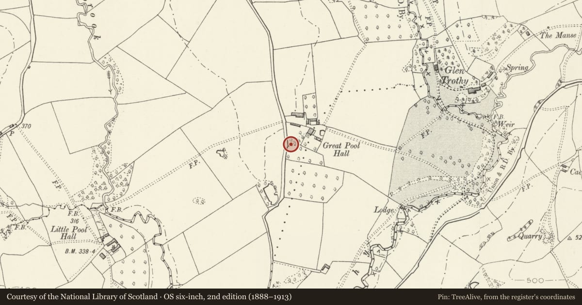 Ordnance Survey six-inch map, 2nd edition (1888–1913) covering the location of Gatepiers and Wall at Great Pool Hall, Skenfrith, Monmouthshire, with a pin at the register's coordinates