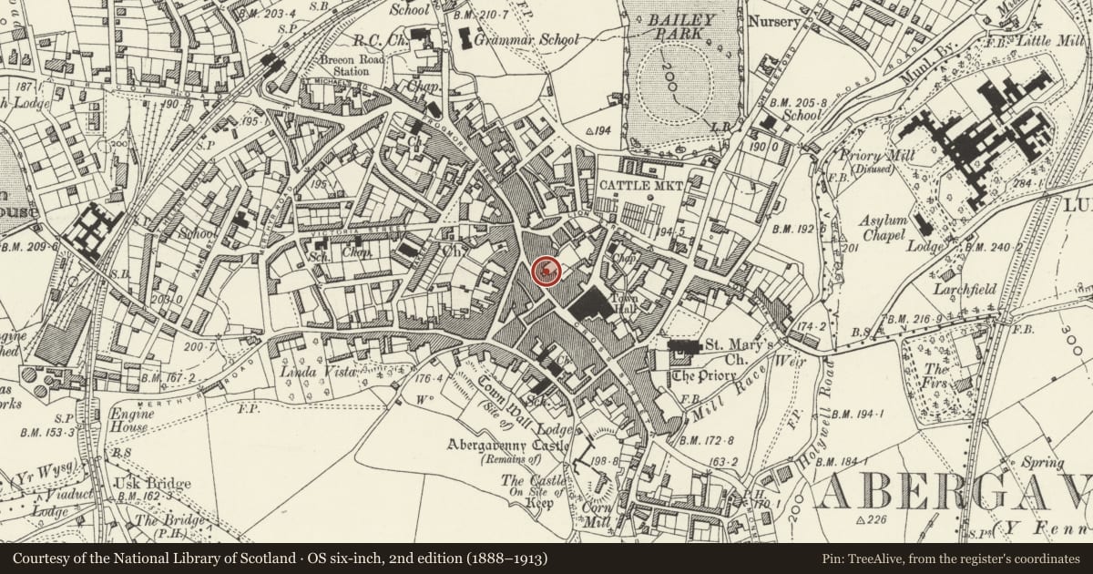 Ordnance Survey six-inch map, 2nd edition (1888–1913) covering the location of The Old Bank (NatWest), Abergavenny, Monmouthshire, with a pin at the register's coordinates