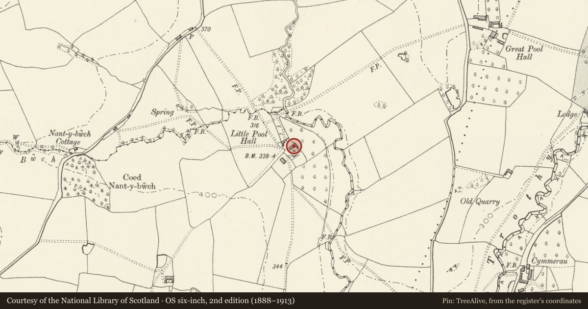 Ordnance Survey six-inch map, 2nd edition (1888–1913) covering the location of Barn at Little Pool Hall, Skenfrith, Monmouthshire, with a pin at the register's coordinates