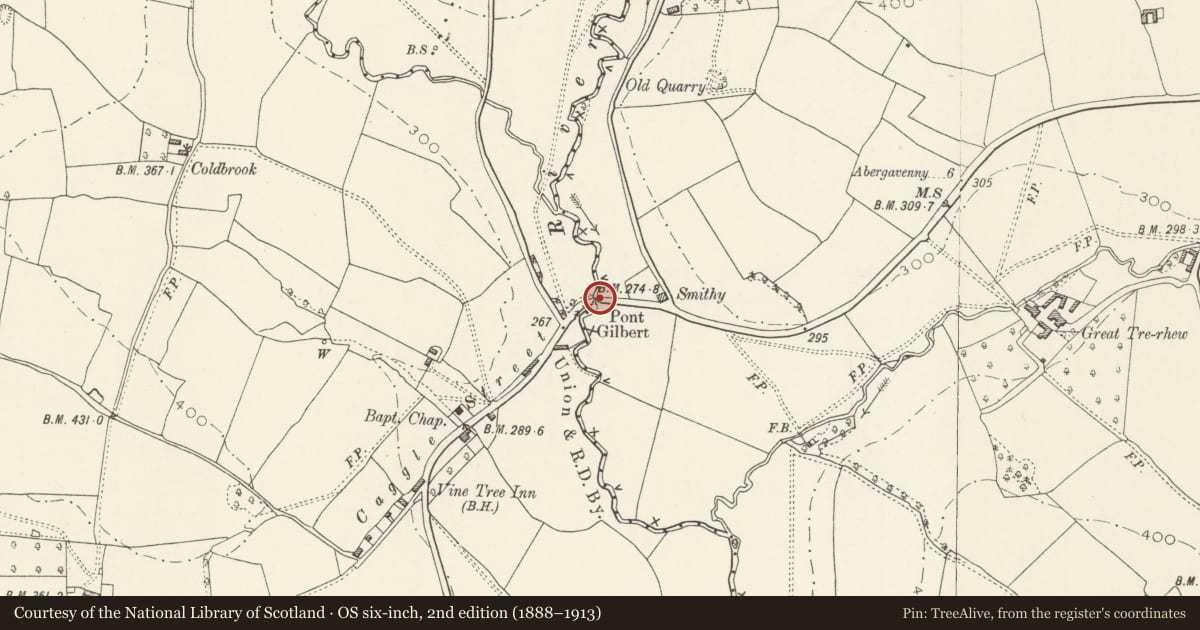 Ordnance Survey six-inch map, 2nd edition (1888–1913) covering the location of Pont Gilbert, Skenfrith, Monmouthshire, with a pin at the register's coordinates