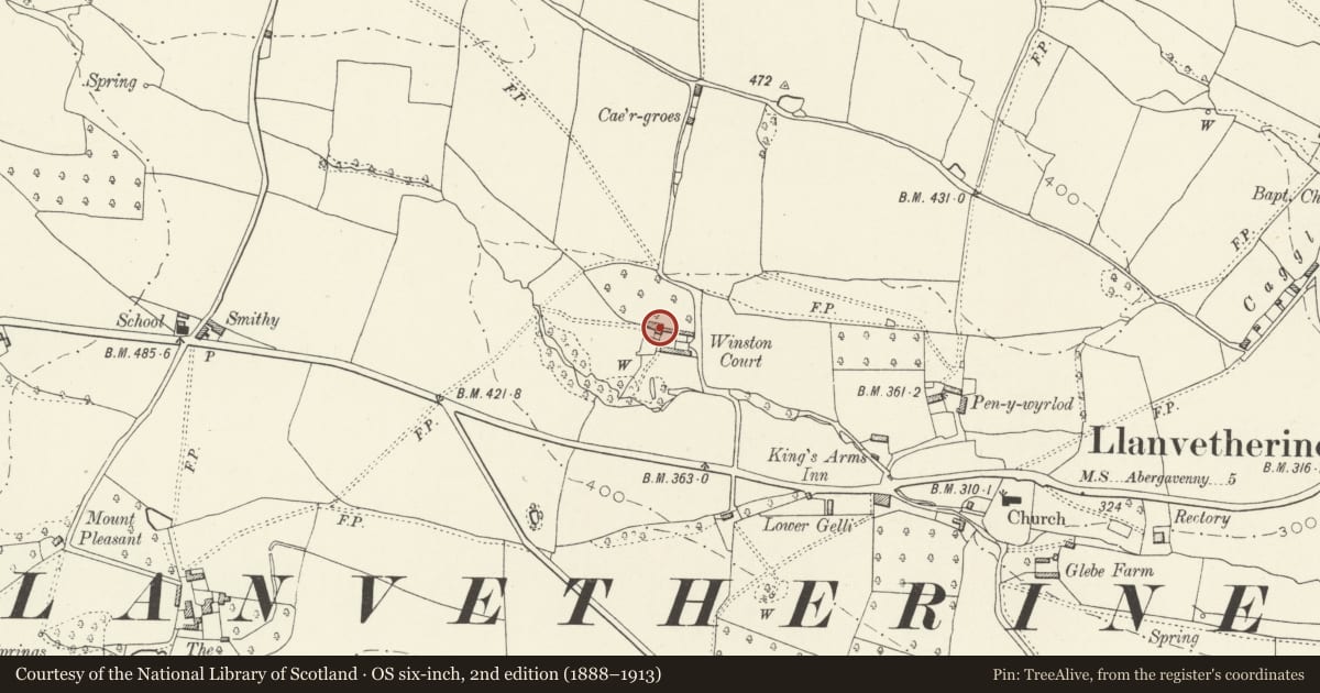 Ordnance Survey six-inch map, 2nd edition (1888–1913) covering the location of Winston Court and attached Former Stable & Cartshed, Skenfrith, Monmouthshire, with a pin at the register's coordinates