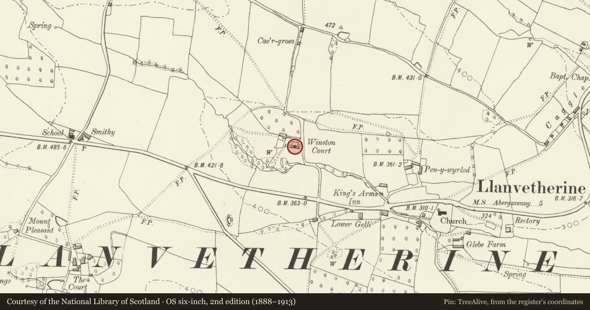 Ordnance Survey six-inch map, 2nd edition (1888–1913) covering the location of Farm Range comprising Fowl House, Cartshed, Barn, Cowhouse and Cider House at Winston Court, Skenfrith, Monmouthshire, with a pin at the register's coordinates