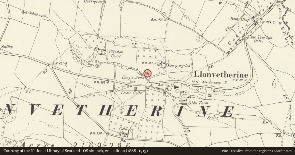 Ordnance Survey six-inch map, 2nd edition (1888–1913) covering the location of Gelli House, Skenfrith, Monmouthshire, with a pin at the register's coordinates