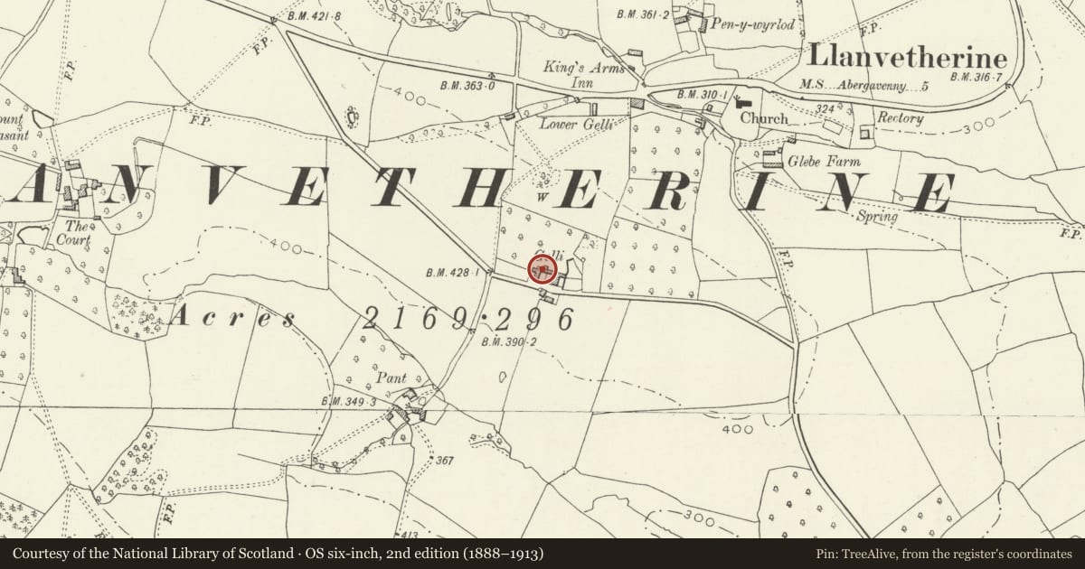 Ordnance Survey six-inch map, 2nd edition (1888–1913) covering the location of Gelli including attached cider house, farm range and barn, Skenfrith, Monmouthshire, with a pin at the register's coordinates