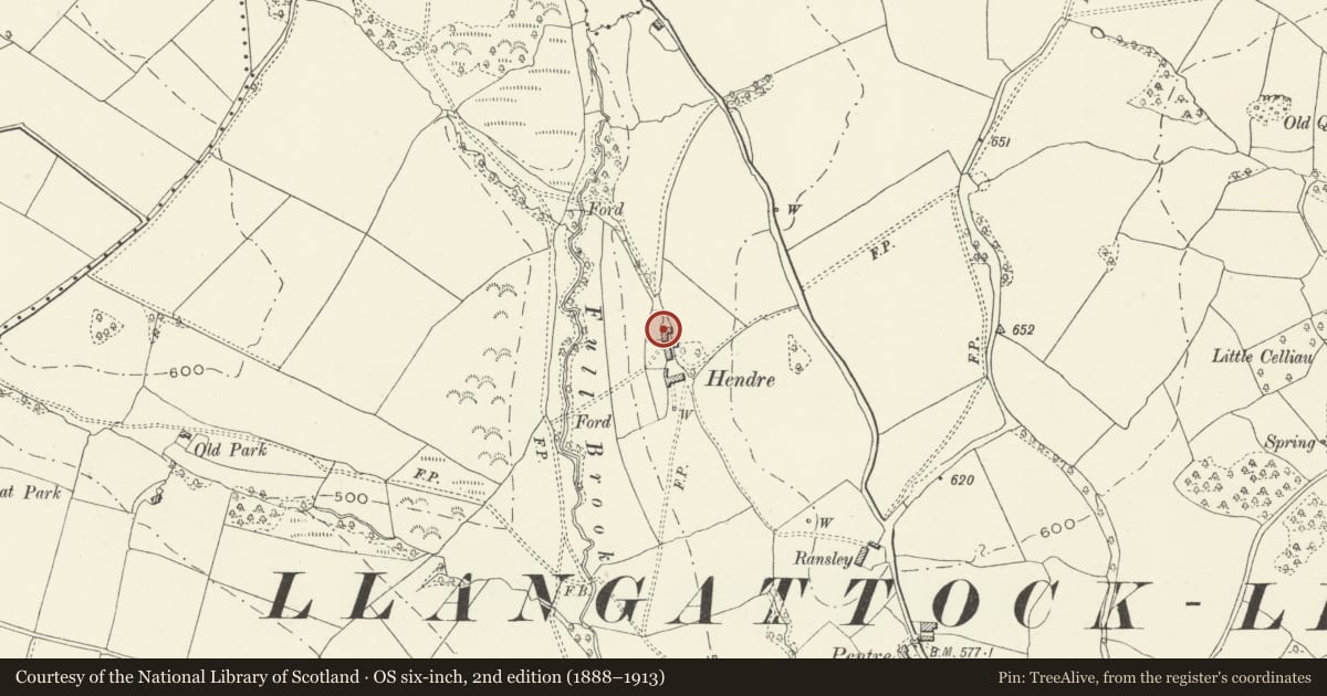 Ordnance Survey six-inch map, 2nd edition (1888–1913) covering the location of The Granary and Barn at The Hendre, Grosmont, Monmouthshire, with a pin at the register's coordinates