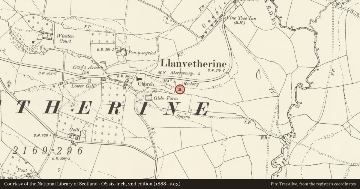 Ordnance Survey six-inch map, 2nd edition (1888–1913) covering the location of The Old Rectory, Skenfrith, Monmouthshire, with a pin at the register's coordinates