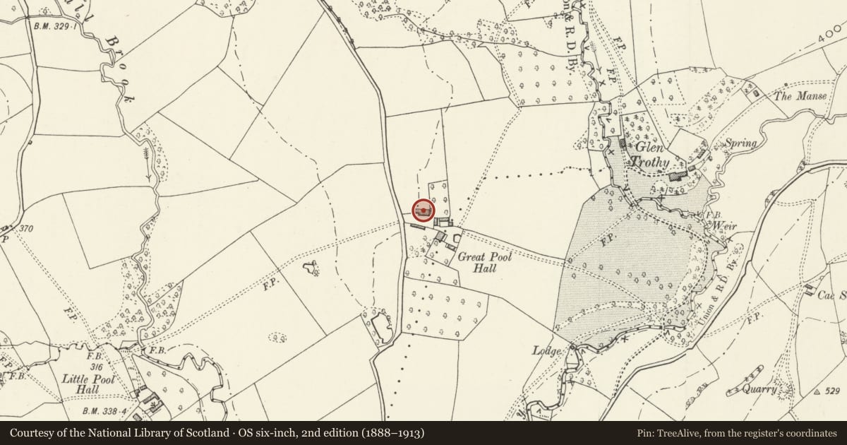 Ordnance Survey six-inch map, 2nd edition (1888–1913) covering the location of Barn at Great Pool Hall, Skenfrith, Monmouthshire, with a pin at the register's coordinates