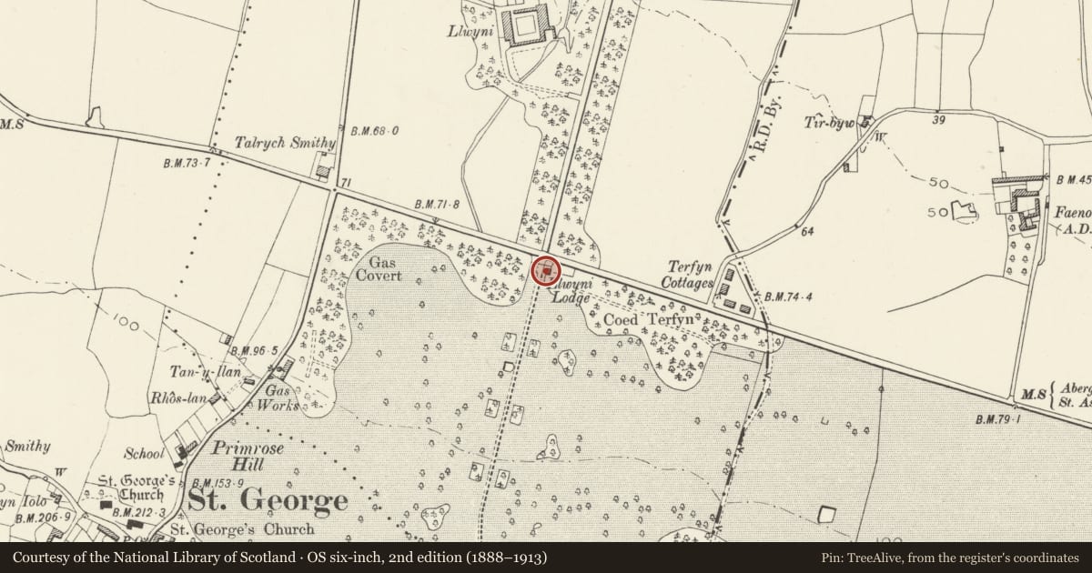 Ordnance Survey six-inch map, 2nd edition (1888–1913) covering the location of Llwyni Lodge, also known as the Golden Lodge and Gate Lodge, Abergele, Conwy, with a pin at the register's coordinates