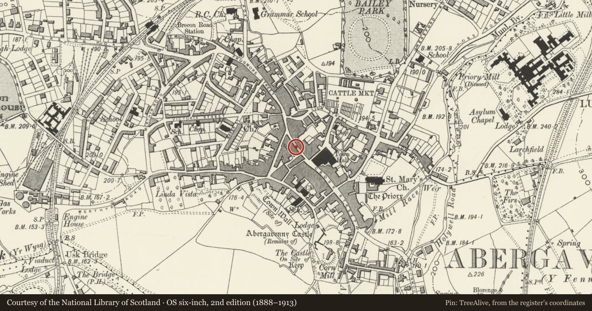 Ordnance Survey six-inch map, 2nd edition (1888–1913) covering the location of 21 High Street, Abergavenny, Monmouthshire, with a pin at the register's coordinates