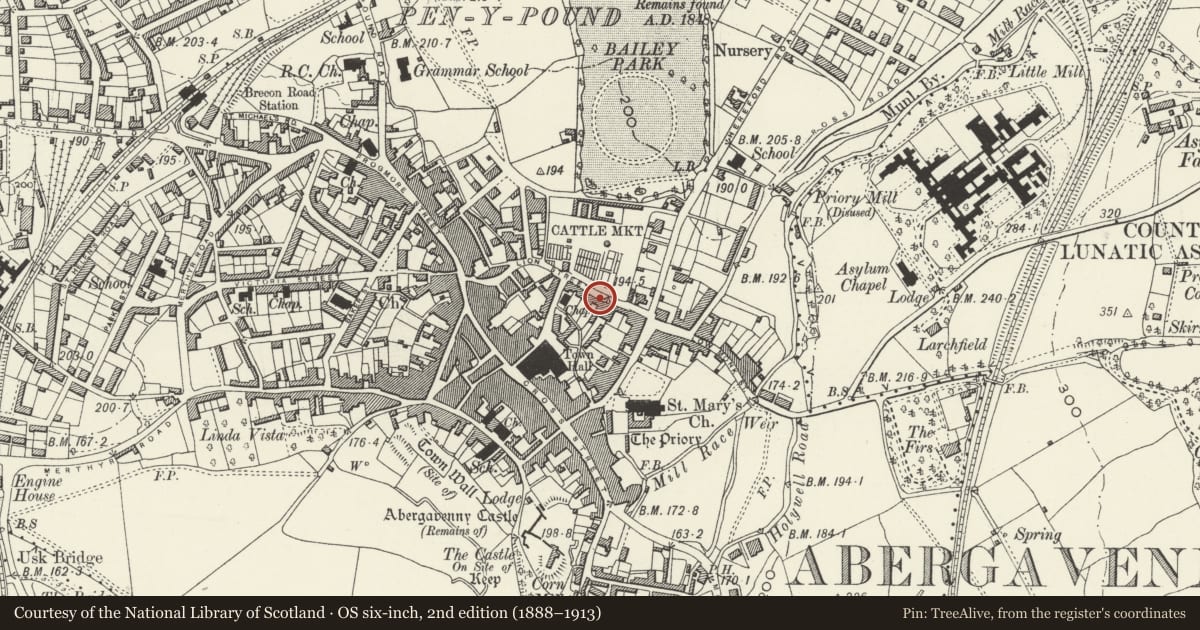Ordnance Survey six-inch map, 2nd edition (1888–1913) covering the location of 26 Lion Street, Abergavenny, Monmouthshire, with a pin at the register's coordinates