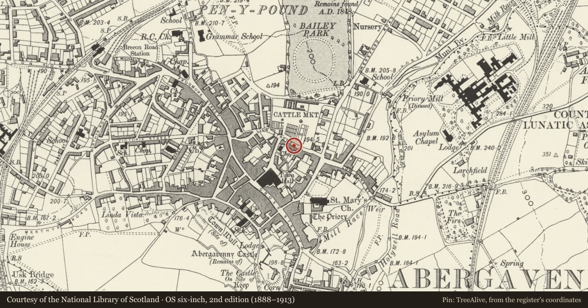 Ordnance Survey six-inch map, 2nd edition (1888–1913) covering the location of 28 Lion Street, Abergavenny, Monmouthshire, with a pin at the register's coordinates
