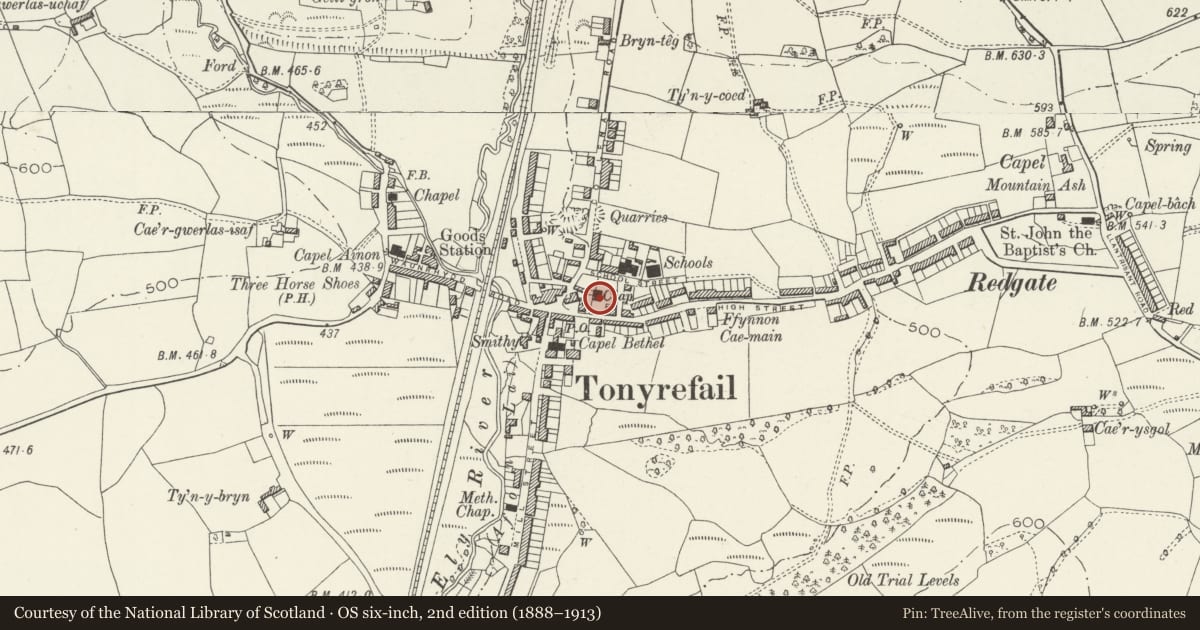 Ordnance Survey six-inch map, 2nd edition (1888–1913) covering the location of Capel y Ton, Tonyrefail, Rhondda Cynon Taff, with a pin at the register's coordinates