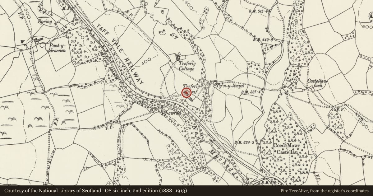 Ordnance Survey six-inch map, 2nd edition (1888–1913) covering the location of Treferig Isha, Tonyrefail, Rhondda Cynon Taff, with a pin at the register's coordinates