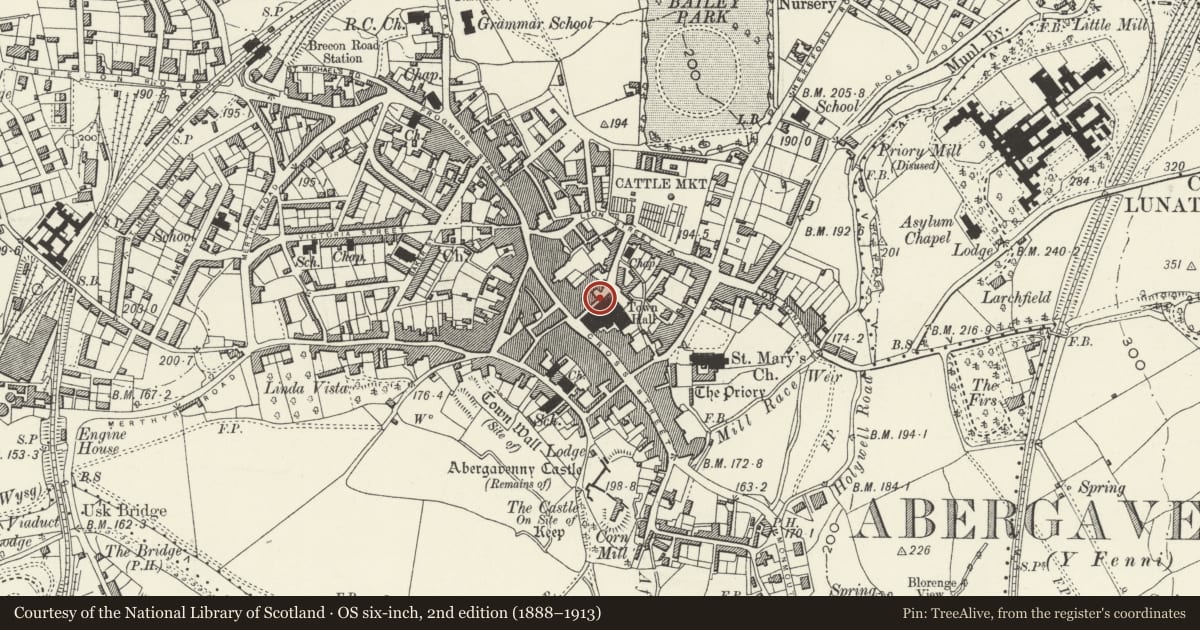 Ordnance Survey six-inch map, 2nd edition (1888–1913) covering the location of 11 Market Street, Abergavenny, Monmouthshire, with a pin at the register's coordinates