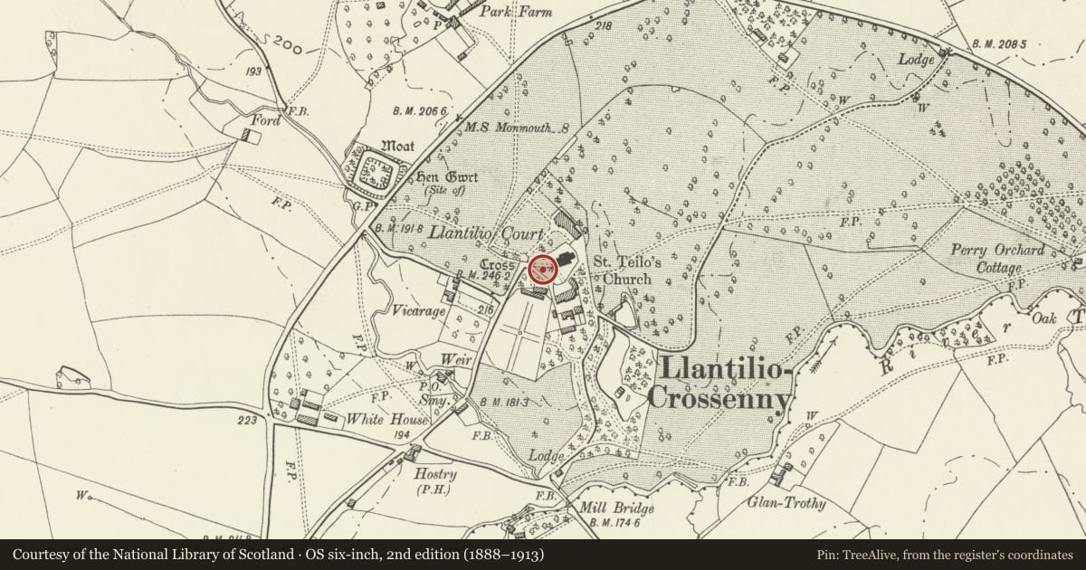Ordnance Survey six-inch map, 2nd edition (1888–1913) covering the location of Boundary Wall, Gatepiers, Corner Turret & Pavillion of former Gardens at Llantilio Court, Whitecastle, Monmouthshire, with a pin at the register's coordinates