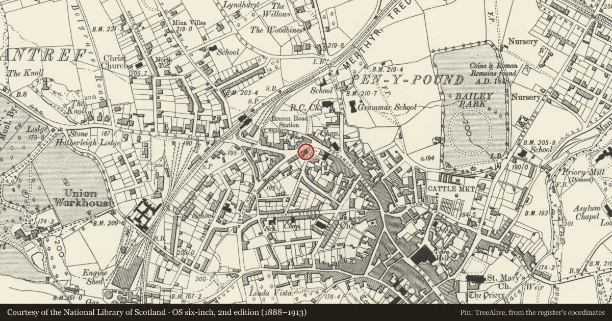 Ordnance Survey six-inch map, 2nd edition (1888–1913) covering the location of House, including attached railings, Abergavenny, Monmouthshire, with a pin at the register's coordinates