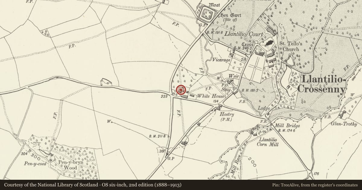 Ordnance Survey six-inch map, 2nd edition (1888–1913) covering the location of White House Farmhouse, Whitecastle, Monmouthshire, with a pin at the register's coordinates