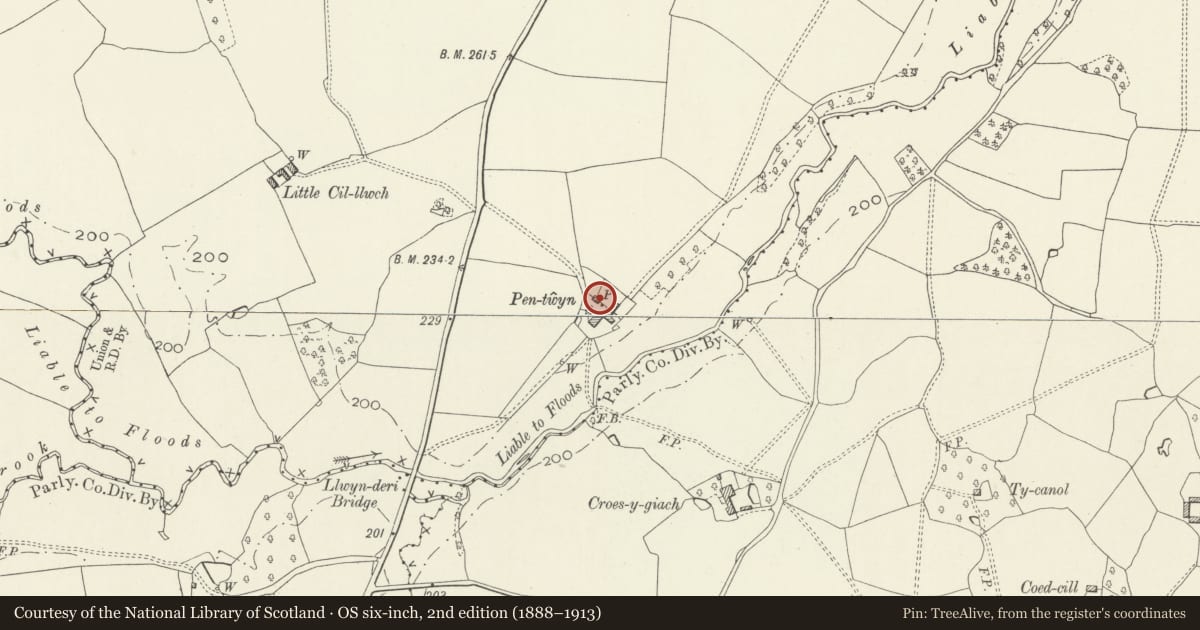 Ordnance Survey six-inch map, 2nd edition (1888–1913) covering the location of Wall, Gate and Brewhouse at Pentwyn, Whitecastle, Monmouthshire, with a pin at the register's coordinates
