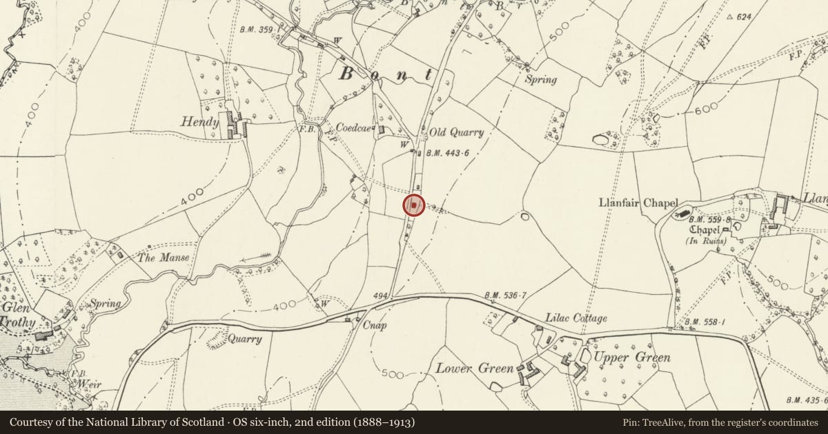 Ordnance Survey six-inch map, 2nd edition (1888–1913) covering the location of Green Lane Cottage and attached Stable, Skenfrith, Monmouthshire, with a pin at the register's coordinates