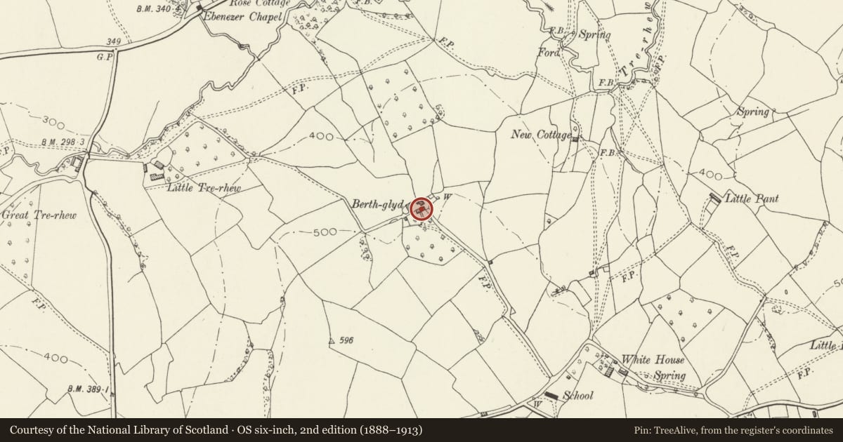 Ordnance Survey six-inch map, 2nd edition (1888–1913) covering the location of Berthglyd Farm, Whitecastle, Monmouthshire, with a pin at the register's coordinates