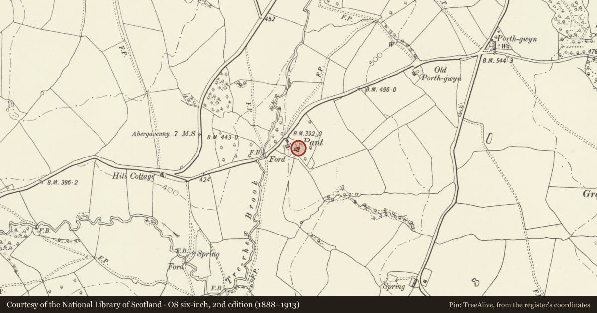 Ordnance Survey six-inch map, 2nd edition (1888–1913) covering the location of The Pant, Skenfrith, Monmouthshire, with a pin at the register's coordinates