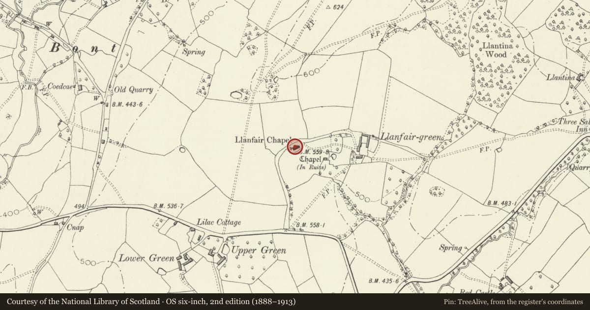 Ordnance Survey six-inch map, 2nd edition (1888–1913) covering the location of Llanvair Chapel, Skenfrith, Monmouthshire, with a pin at the register's coordinates