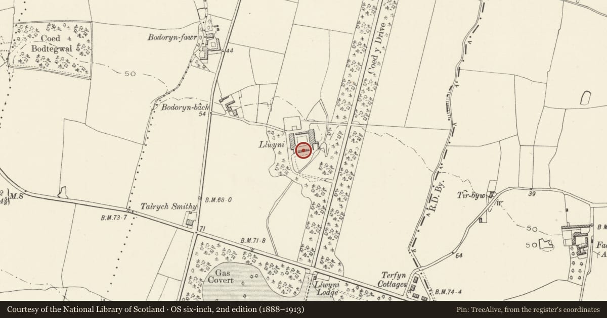 Ordnance Survey six-inch map, 2nd edition (1888–1913) covering the location of Plas Kinmel, Abergele, Conwy, with a pin at the register's coordinates