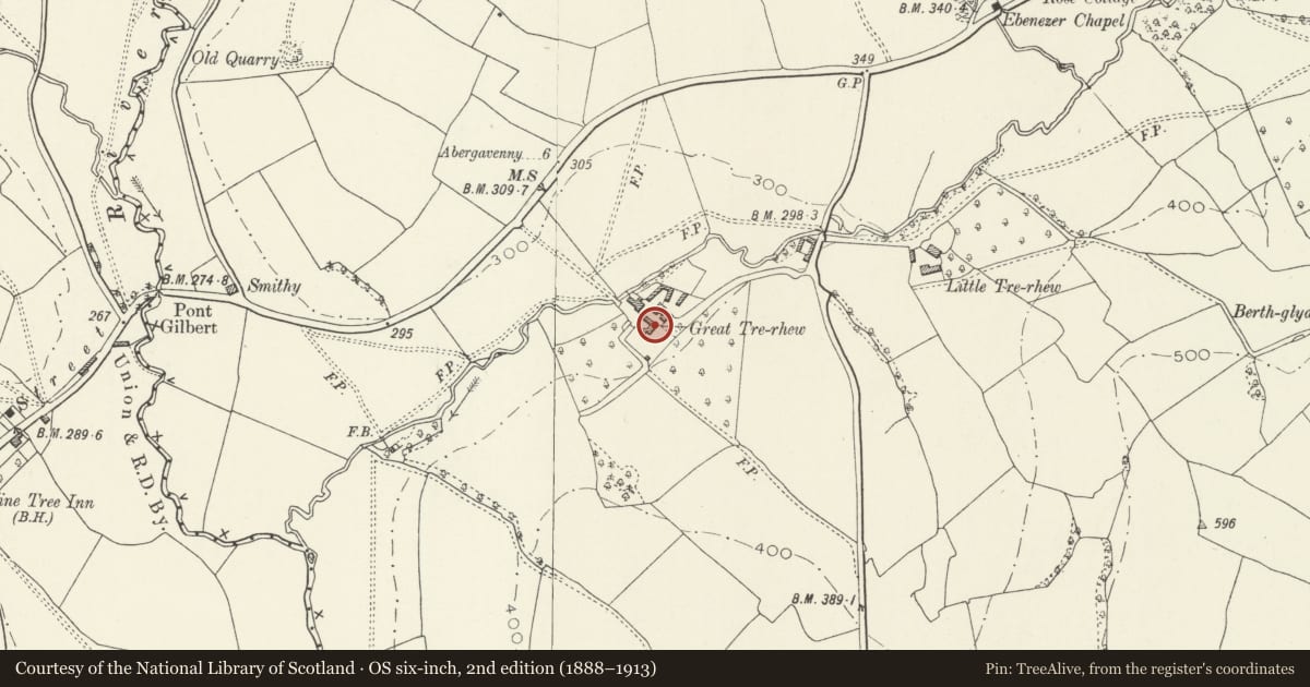 Ordnance Survey six-inch map, 2nd edition (1888–1913) covering the location of Great Tre-Rhew Farmhouse, Skenfrith, Monmouthshire, with a pin at the register's coordinates