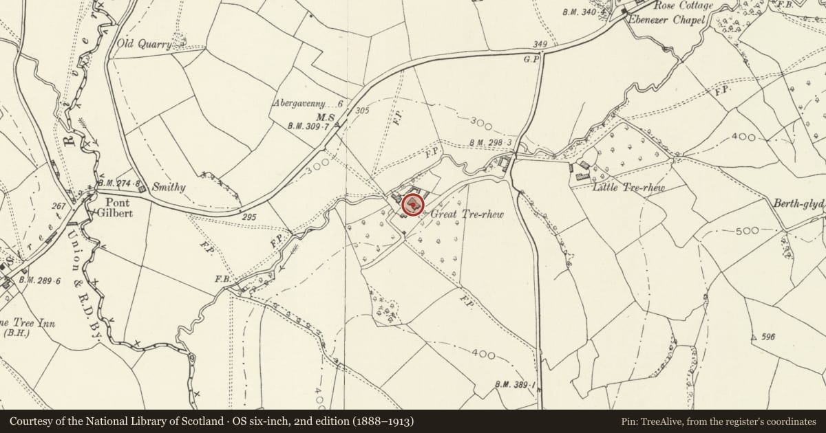 Ordnance Survey six-inch map, 2nd edition (1888–1913) covering the location of Corn Barn with attached Stable and Lofted Cider House at Great Tre-Rhew, Skenfrith, Monmouthshire, with a pin at the register's coordinates