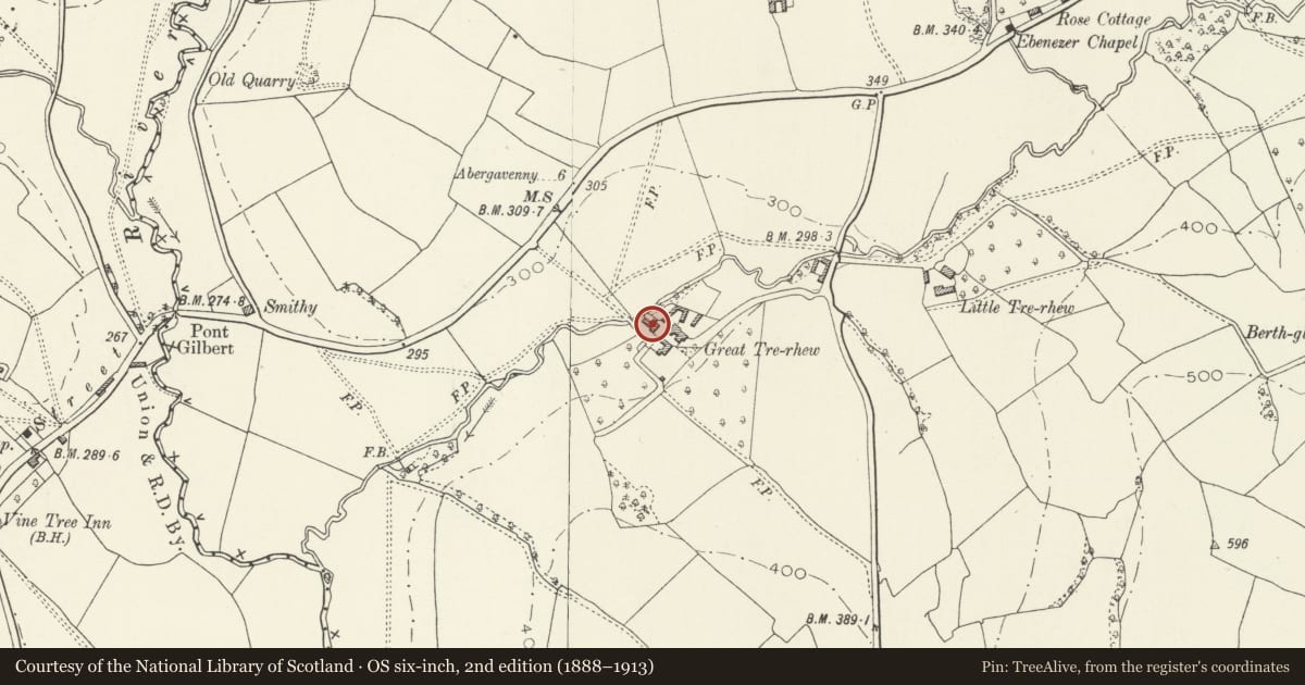 Ordnance Survey six-inch map, 2nd edition (1888–1913) covering the location of Granary and Brewhouse at Great Tre-Rhew, Skenfrith, Monmouthshire, with a pin at the register's coordinates