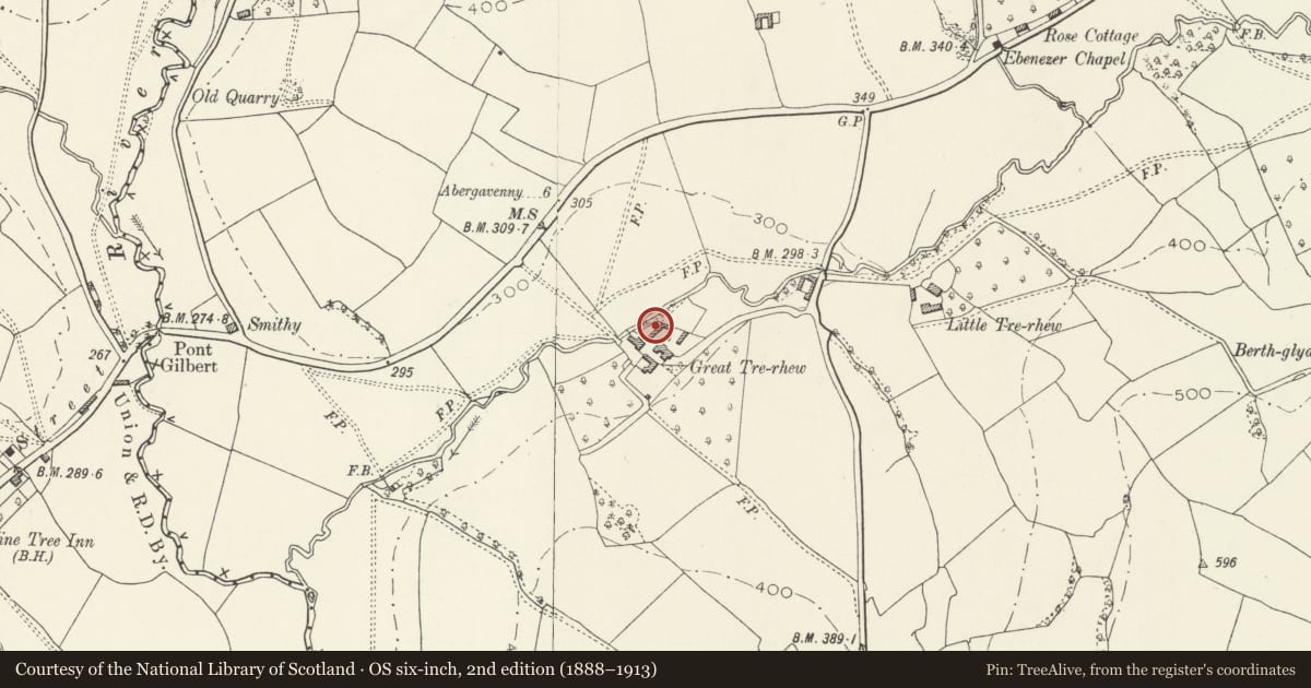 Ordnance Survey six-inch map, 2nd edition (1888–1913) covering the location of Shelter Shed at Great Tre-Rhew, Skenfrith, Monmouthshire, with a pin at the register's coordinates