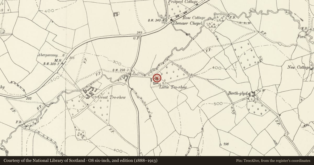 Ordnance Survey six-inch map, 2nd edition (1888–1913) covering the location of Upper Trerew Farmhouse (aka Little Trerhiw), Skenfrith, Monmouthshire, with a pin at the register's coordinates