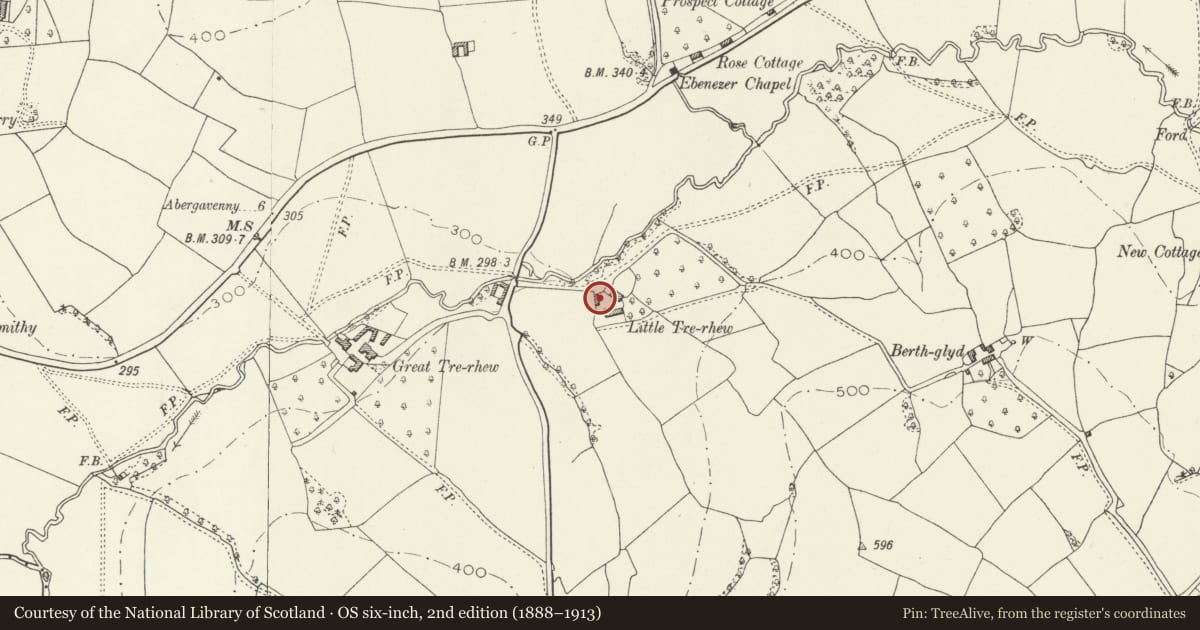 Ordnance Survey six-inch map, 2nd edition (1888–1913) covering the location of Wane House at Upper Trerew, Skenfrith, Monmouthshire, with a pin at the register's coordinates