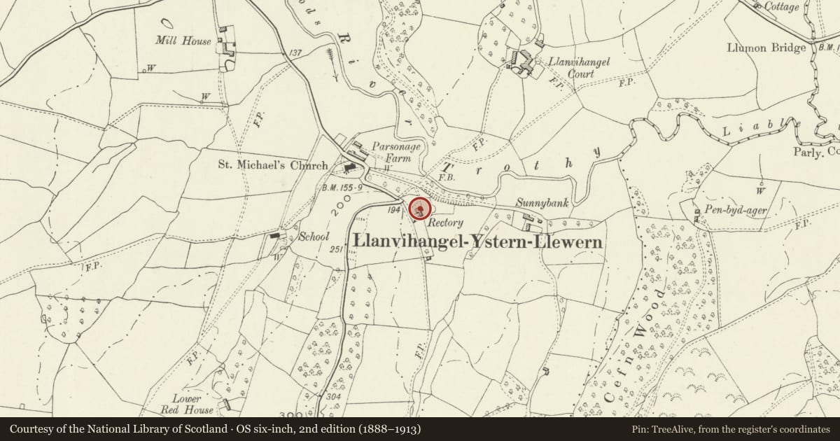 Ordnance Survey six-inch map, 2nd edition (1888–1913) covering the location of Old Rectory, Whitecastle, Monmouthshire, with a pin at the register's coordinates