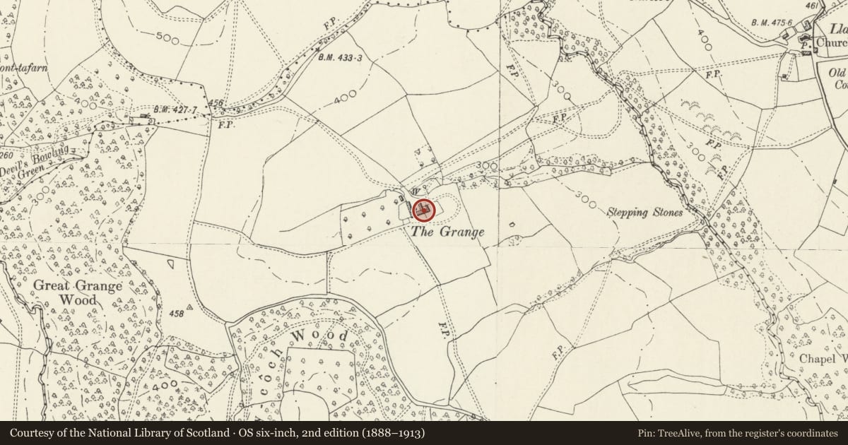 Ordnance Survey six-inch map, 2nd edition (1888–1913) covering the location of Grange Farmhouse including attached Brewhouse/Dairy and Lower Cowhouse (aka The Grange), Whitecastle, Monmouthshire, with a pin at the register's coordinates