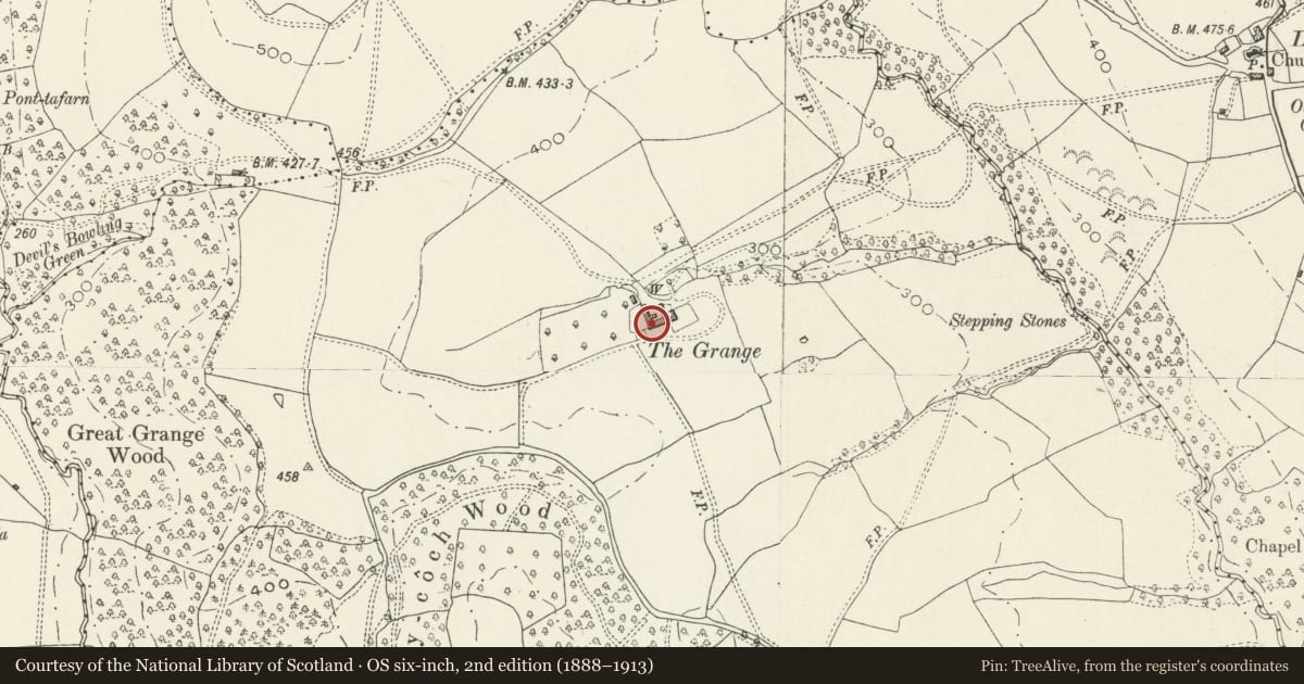 Ordnance Survey six-inch map, 2nd edition (1888–1913) covering the location of Stable & Barn Range at Grange Farm, Whitecastle, Monmouthshire, with a pin at the register's coordinates