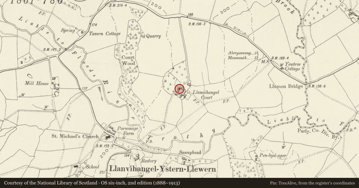 Ordnance Survey six-inch map, 2nd edition (1888–1913) covering the location of The Court Farmhouse and attached former Cider House, Whitecastle, Monmouthshire, with a pin at the register's coordinates