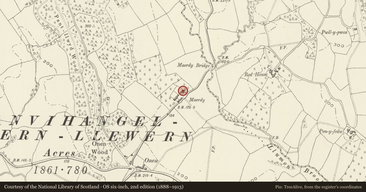 Ordnance Survey six-inch map, 2nd edition (1888–1913) covering the location of Maerdy Farmhouse, Whitecastle, Monmouthshire, with a pin at the register's coordinates