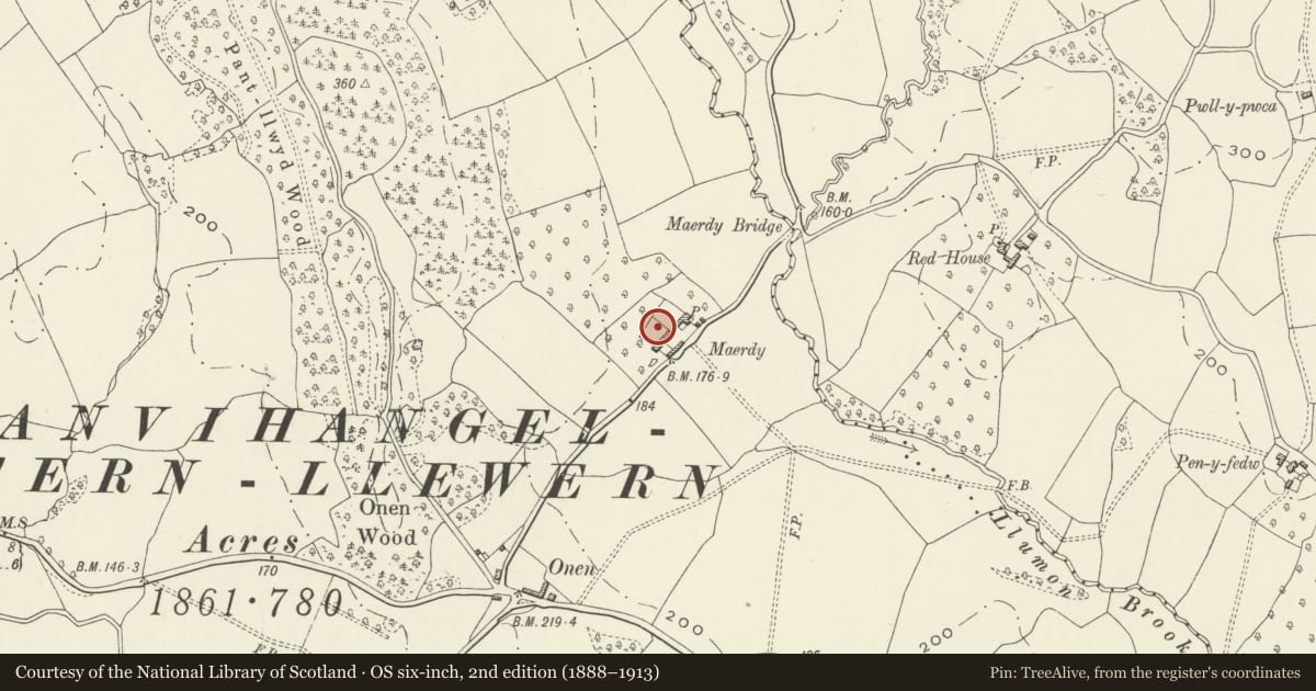 Ordnance Survey six-inch map, 2nd edition (1888–1913) covering the location of Barn and Cider House at The Maerdy, Whitecastle, Monmouthshire, with a pin at the register's coordinates