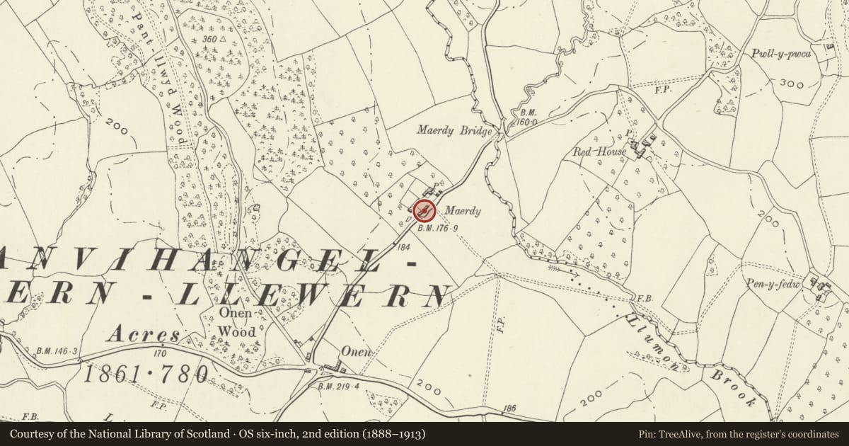 Ordnance Survey six-inch map, 2nd edition (1888–1913) covering the location of Stable and Shelter Shed at The Maerdy, Whitecastle, Monmouthshire, with a pin at the register's coordinates