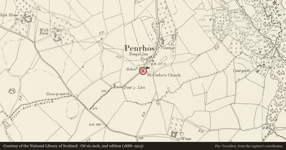 Ordnance Survey six-inch map, 2nd edition (1888–1913) covering the location of Telephone Call-box at Entrance to Penrhos Churchyard, Whitecastle, Monmouthshire, with a pin at the register's coordinates
