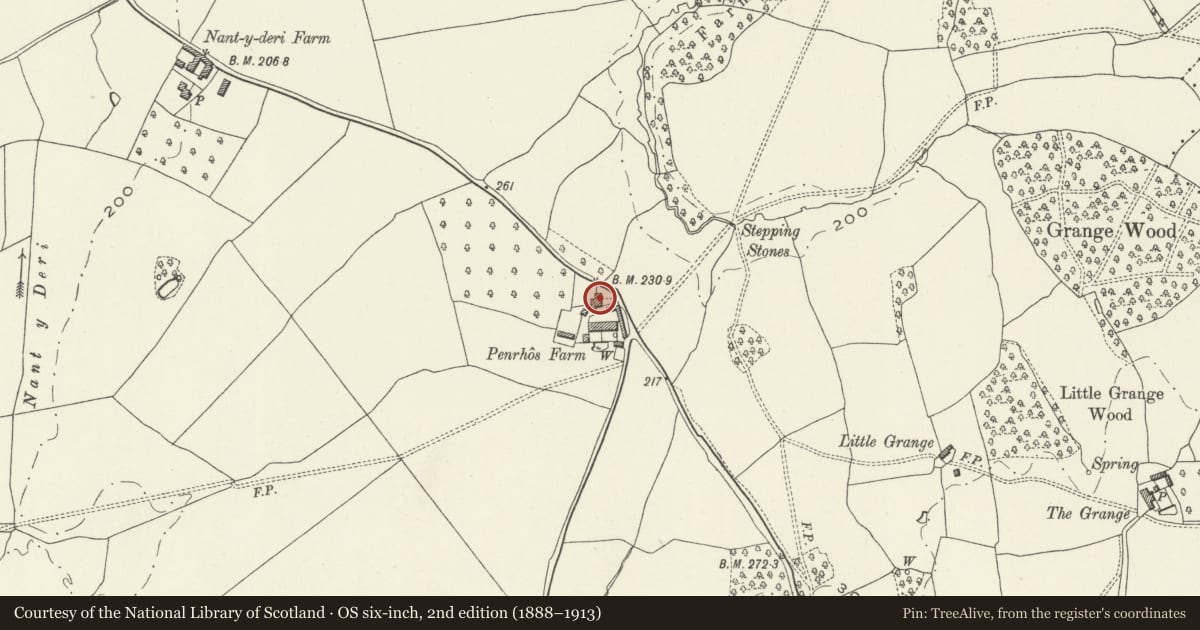 Ordnance Survey six-inch map, 2nd edition (1888–1913) covering the location of Penrhos Farmhouse, Whitecastle, Monmouthshire, with a pin at the register's coordinates