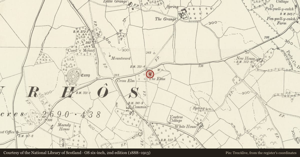 Ordnance Survey six-inch map, 2nd edition (1888–1913) covering the location of Elms Farmhouse, Whitecastle, Monmouthshire, with a pin at the register's coordinates