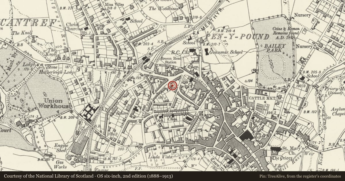 Ordnance Survey six-inch map, 2nd edition (1888–1913) covering the location of House, including garden walls and railings, Abergavenny, Monmouthshire, with a pin at the register's coordinates
