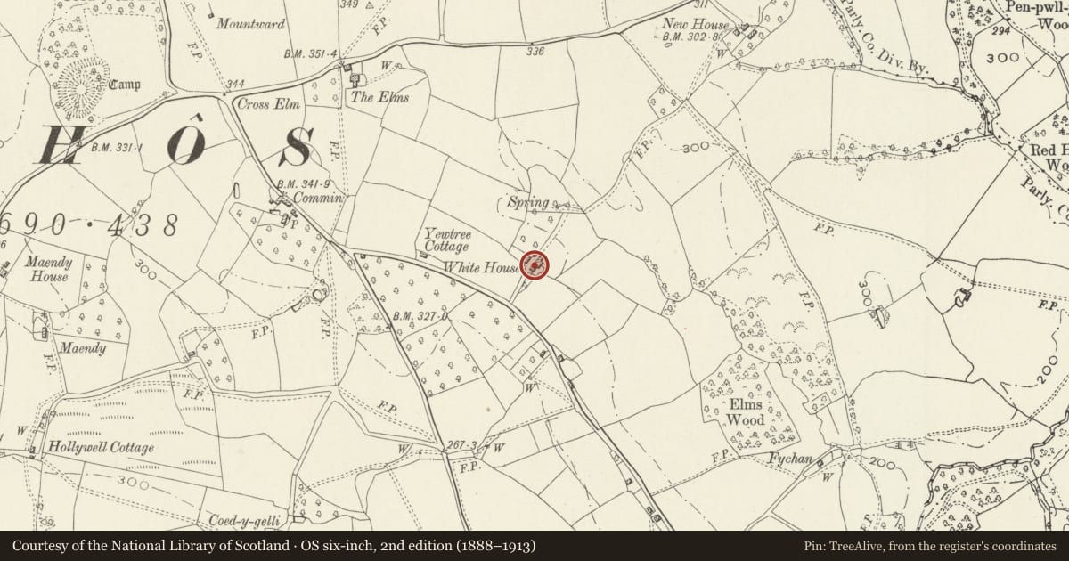 Ordnance Survey six-inch map, 2nd edition (1888–1913) covering the location of Farm Range at White House Farm, Whitecastle, Monmouthshire, with a pin at the register's coordinates