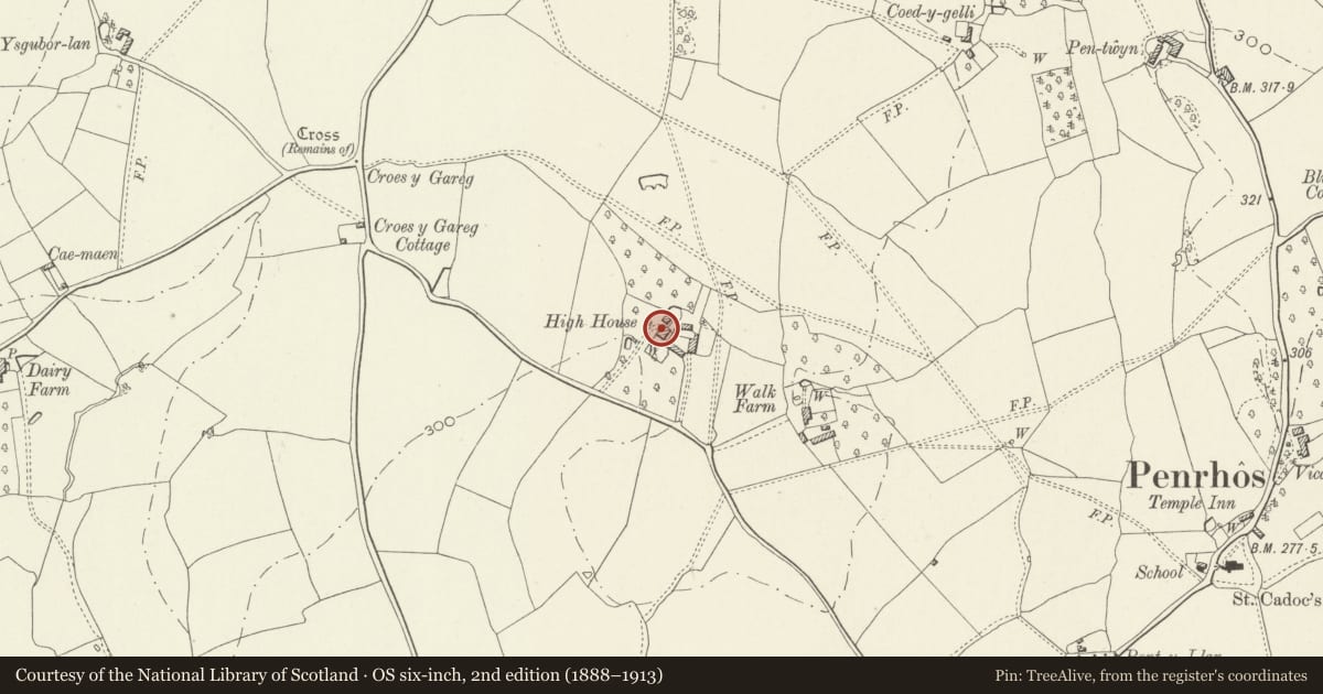 Ordnance Survey six-inch map, 2nd edition (1888–1913) covering the location of High House, Whitecastle, Monmouthshire, with a pin at the register's coordinates