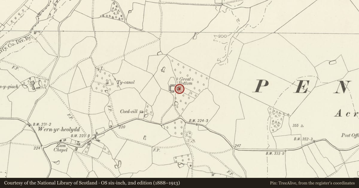 Ordnance Survey six-inch map, 2nd edition (1888–1913) covering the location of Great Bottom Farmhouse, Whitecastle, Monmouthshire, with a pin at the register's coordinates