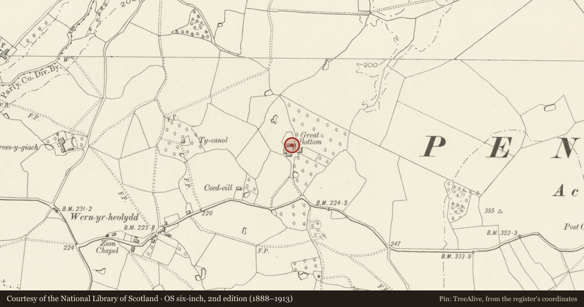 Ordnance Survey six-inch map, 2nd edition (1888–1913) covering the location of Barn at Great Bottom Farm, Whitecastle, Monmouthshire, with a pin at the register's coordinates