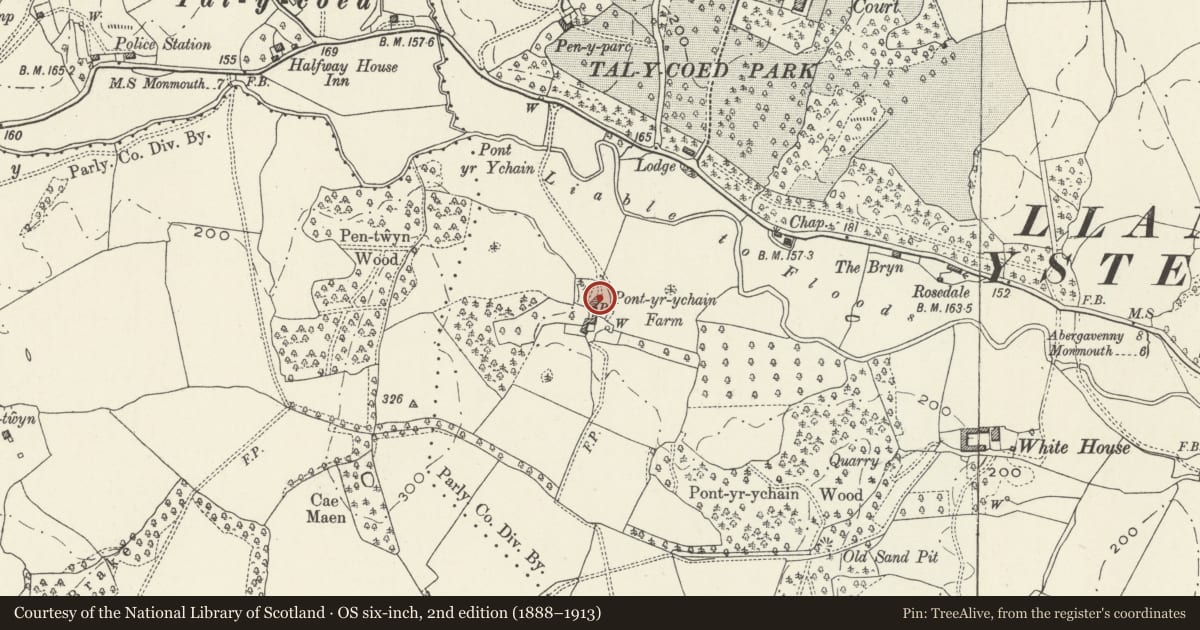 Ordnance Survey six-inch map, 2nd edition (1888–1913) covering the location of Pont-yr-ychain Farmhouse, Whitecastle, Monmouthshire, with a pin at the register's coordinates
