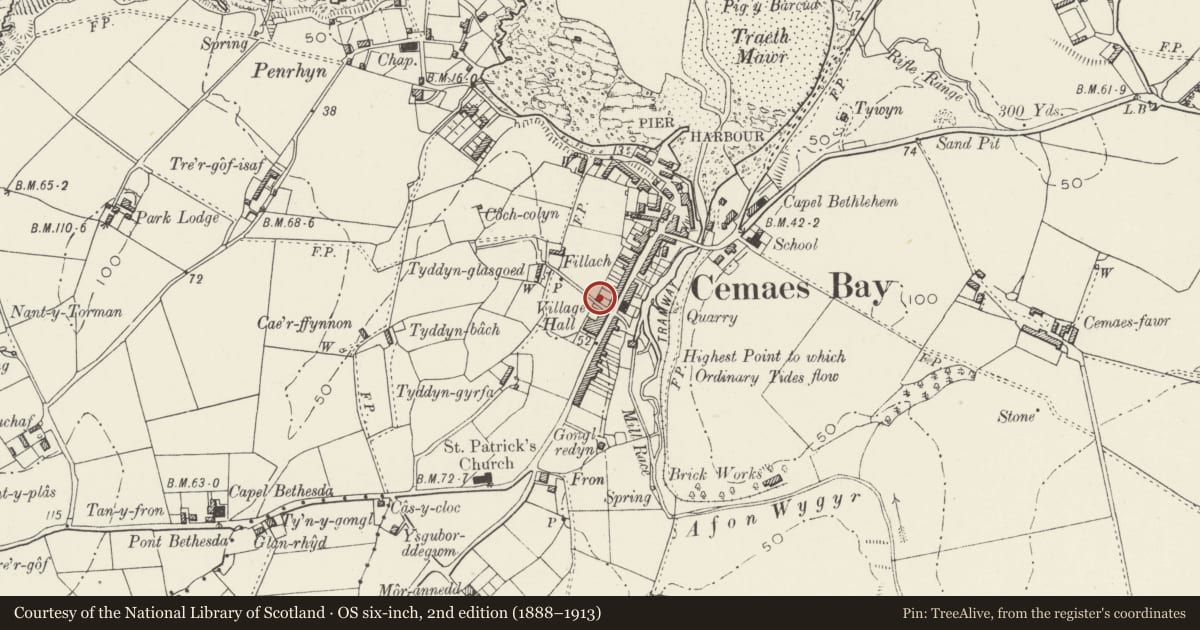Ordnance Survey six-inch map, 2nd edition (1888–1913) covering the location of Ty Cefn, Llanbadrig, Isle of Anglesey, with a pin at the register's coordinates